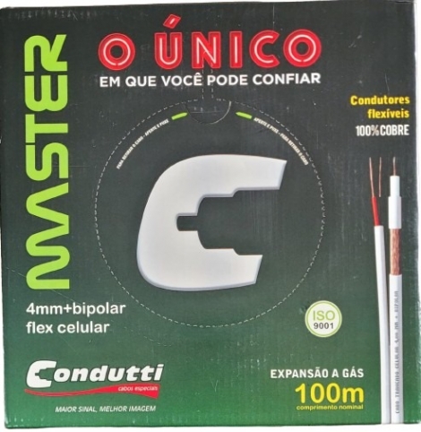 rolo 100 metros cabo coaxial trançado 4mm + bipolar flexivel celular cftv